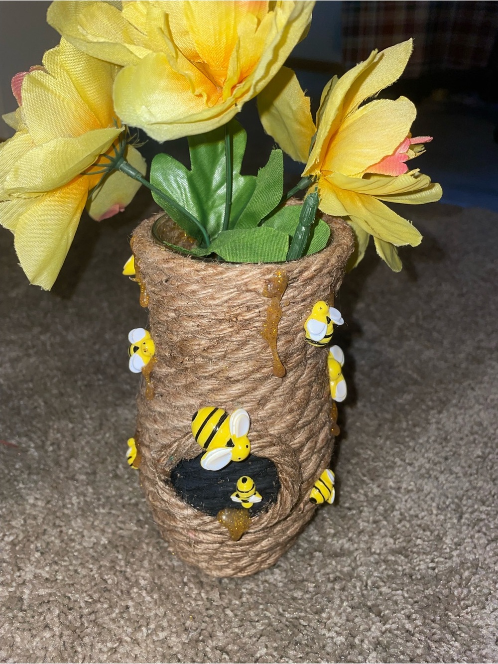 Bee-Accent Twine Vase with Yellow Faux Flowers